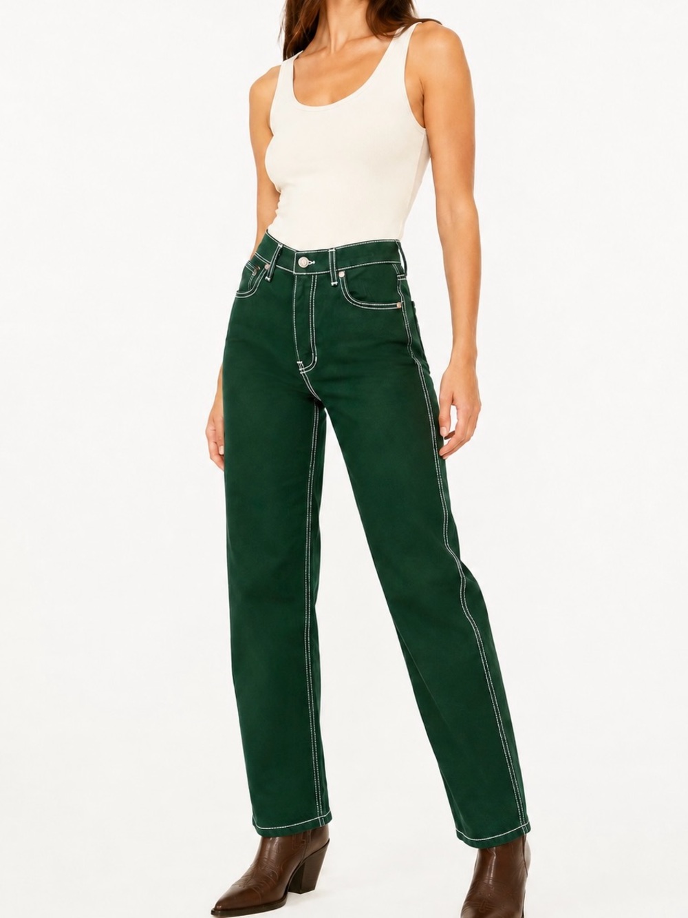 NWOT Reformation Cowboy High Rise Straight Jeans 25 Emerald Green Western Ankle